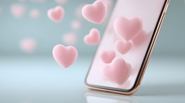 Pink hearts flying out of smartphone, online love, social media, romantic message, dating app, 3D. - Powered by Adobe