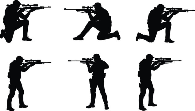 Silhouette tactical sniper soldiers aiming rifles in standing and kneeling positions for military training, security operations, combat illustration, and defense concepts