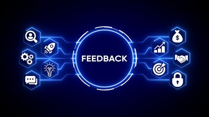 Central circle with word F E D B A C K surrounded by glowing blue lines and connected to hexagonal icons representing business concepts on dark blue background
