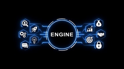 Central circle with word E N G I N E surrounded by hexagonal icons representing business concepts on black background with blue circuit lines