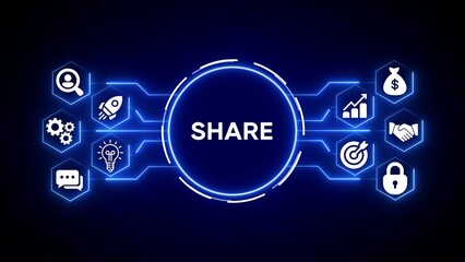 Central circular graphic with the word S H A R E surrounded by interconnected hexagonal icons representing business concepts on a dark blue background