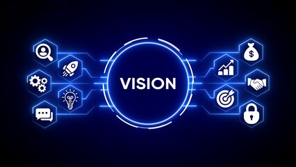 Central glowing blue circle with the word V I S I O N surrounded by hexagonal icons representing business concepts on a dark blue digital background