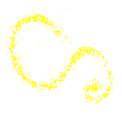 A pixelated yellow swirl design against a black background in a digital art style image rendering