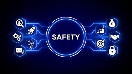 Central word S A F E T Y surrounded by interconnected hexagonal icons representing business concepts and security on a dark blue digital background