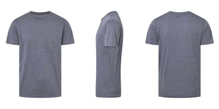Three views of gray heathered tshirt isolated on white background