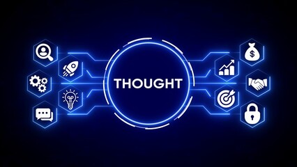 Digital network connecting icons for business growth idea generation and success on dark blue background