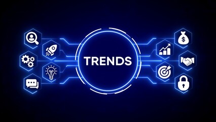 Digital network connecting icons for business growth strategy and trends with central word trends connection