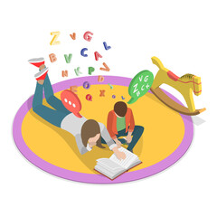 3D Isometric Flat Vector Set of Parents Learning with their Kids, Engaging In Educational Activities Together. Item 1