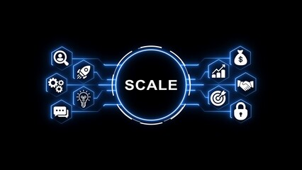 Digital network connecting icons for growth strategy business success and expansion with central word S C A L E