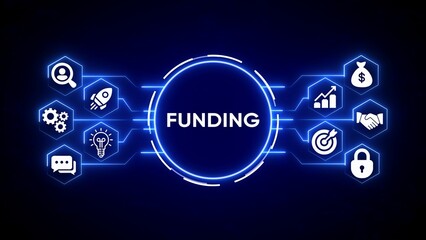 Digital network graphic with central word F U N D I N G surrounded by white icons representing business concepts on dark blue background