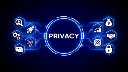 Digital privacy concept with glowing neon icons and central word privacy on dark blue background security