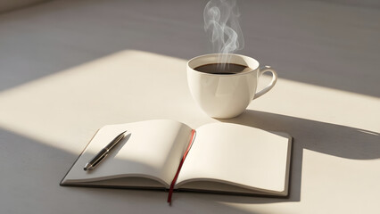 Morning ritual coffee journal and pen in soft sunlight for creative inspiration