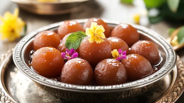 Gulab jamun with flower garnish in sweet syrup 