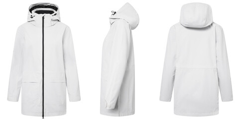 White hooded raincoat multiple angles clean product shot for online retail