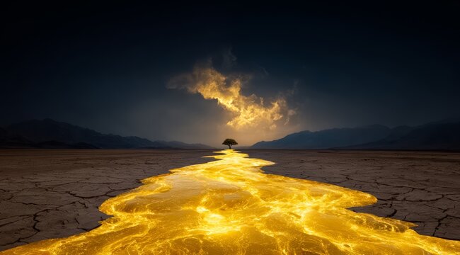 Yellow river flows through a desert landscape. Concept of isolation and desolation