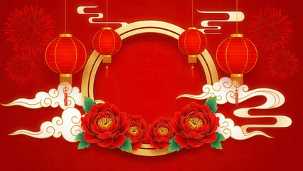 Vibrant red background for chinese new year celebration with traditional hanging lantern decoration and beautiful peony flower border for copy space