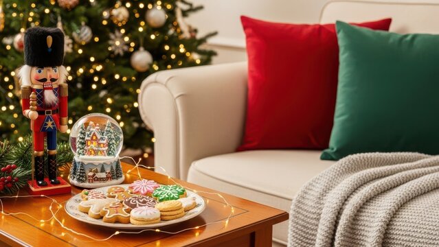 Christmas scene with a small table, nutcracker, snow globe, and festive cookies near a cozy sofa, Christmas holiday - Powered by Adobe