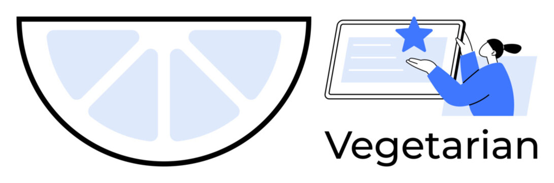 Woman interacting with tablet featuring highlighted content, accompanied by a stylized citrus slice. Ideal for healthy eating, recipe apps, plant-based diets, technology, education, wellness