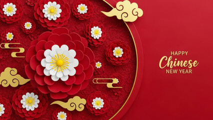 Happy chinese new year greeting card design with red paper cut flowers, white blossoms, and golden cloud ornament on a vibrant red textured background