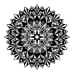 Hand-drawn Mandala design, mandala art, nature mandala with floral and abstract lines. Black and white background with mandala design to textiles, henna painting and background for your art. No ai.