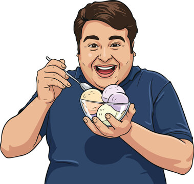 A fat man having ice cream in glass bowl vector illustration