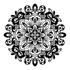 Hand-drawn Mandala design, mandala art, nature mandala with floral and abstract lines. Black and white background with mandala design to textiles, henna painting and background for your art. No ai.