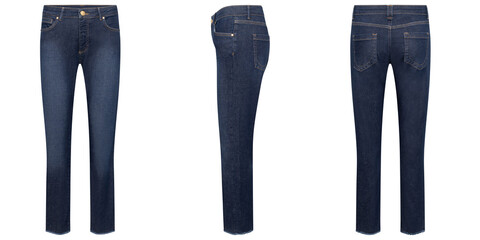 Display of stylish dark blue jeans on a clean white background