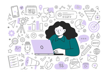 A woman is creating content on a laptop. Online creativity and social media production concept. Vector linear illustrations on a white background.