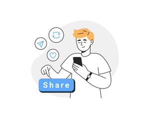 A man sharing a post on social media. Online communication and social media concept. Vector linear illustration on a white background.
