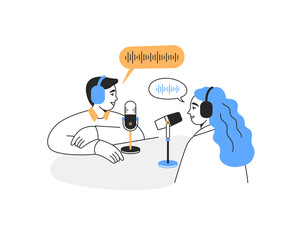 A man and woman record a podcast. Audio and podcast production concept. Vector linear illustration on a white background.
