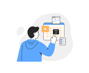 A man is planning content on a calendar. Online creativity and social media production concept. Vector linear illustration on a white background.