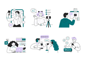 Content creators. Online creativity and social media production concept. Vector linear illustrations on a white background.