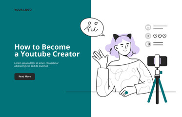 A woman starts streaming online. Online creativity and social media production concept. Vector flat illustration for web banners, landing page, or ad.