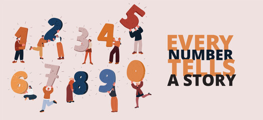 Vector illustration of people interacting with large numbers, symbolizing data, analytics, and financial growth. , 0, 1, 2, 3, 4, 5, 6, 7, 8, 9,