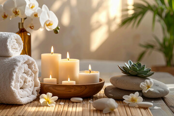 A serene spa still life with candles and flowers captures relaxation and wellness through aromatherapy and natural care