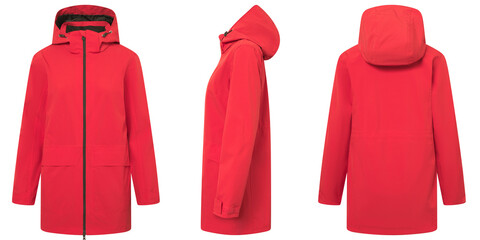 Red hooded raincoat isolated on white background various angles display