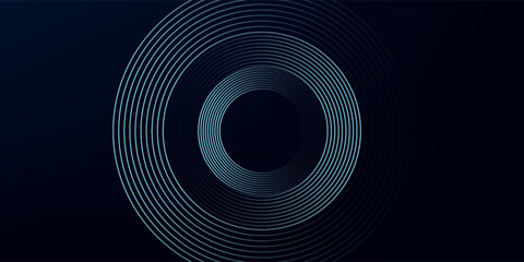 Blue abstract background with glowing circles. Swirl circular lines pattern. Geometric spiral. Twirl element. Modern graphic design. Futuristic technology concept.