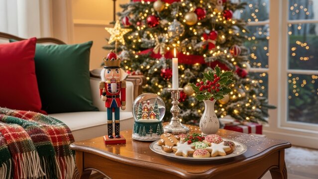 Christmas scene with a small table, nutcracker, snow globe, and festive cookies near a cozy sofa, Christmas holiday