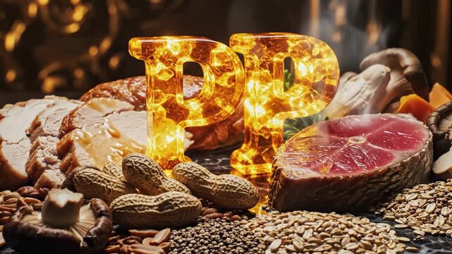 Vitamin PP Diverse High-Protein Foods Lean meats, nuts, and seeds, dynamically highlighted by glowing 'PP' symbols, representing vital nutrition for health and energetic living