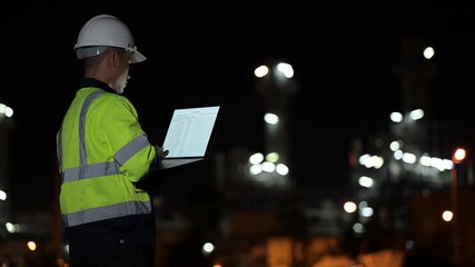Industrial engineer night inspection at refinery or petrochemical plant walkie-talkie hand and digital tablet intersection of technology, worker work at night at power plant - Powered by Adobe