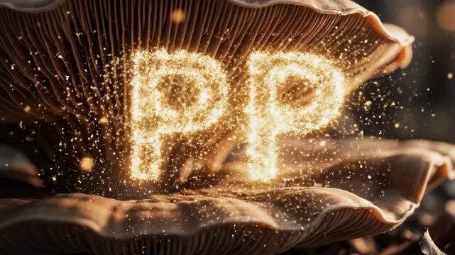 Enchanting scene with shimmering golden PP initials hovering over a wild mushroom, surrounded by magical light particles
