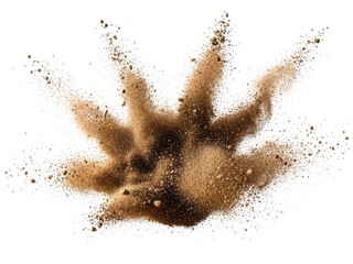 Explosion of dirt and dust particles captured mid-air in a dynamic, energetic burst against a clean white background. isolated on transparent background