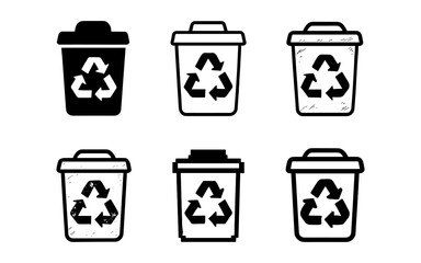 Set of recycling bin icons with recycle symbol in black and white styles
