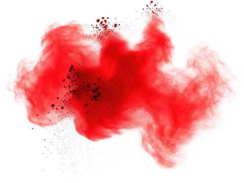 Explosion of vibrant red powder and dust particles creating a dynamic, energetic burst against a stark black background, isolated. isolated on transparent background