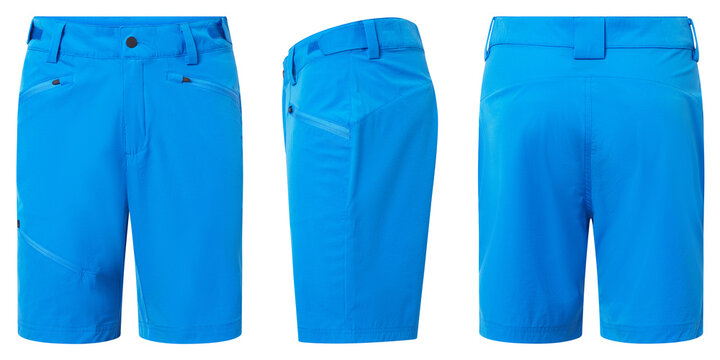 Blue hiking shorts apparel sportswear garment fashion isolated front side and back views - Powered by Adobe