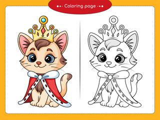Сute royal cat princess illustration, queen kitty coloring page, fairytale cat line art
