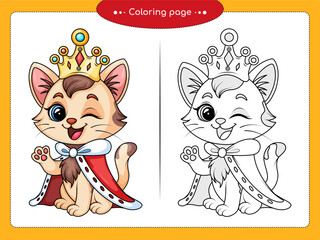 Сute royal cat coloring page, princess cat illustration, kawaii queen kitty line art