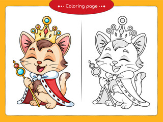 Сute royal cat princess illustration, queen kitty coloring page, fairytale cat line art