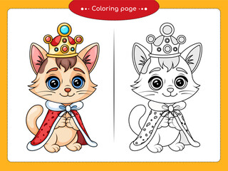Royal cat prince illustration, king kitty coloring page, cartoon noble cat line art