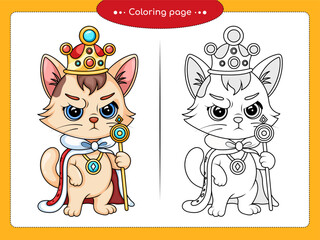 Royal cat prince illustration, king kitty coloring page, cartoon noble cat line art